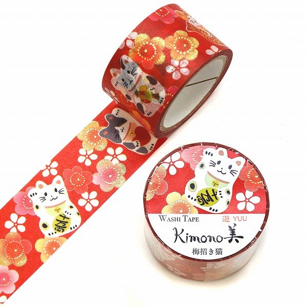 Kamiiso Kimono Washi Tape Plum Beckoning Cat Pattern Masking Tape