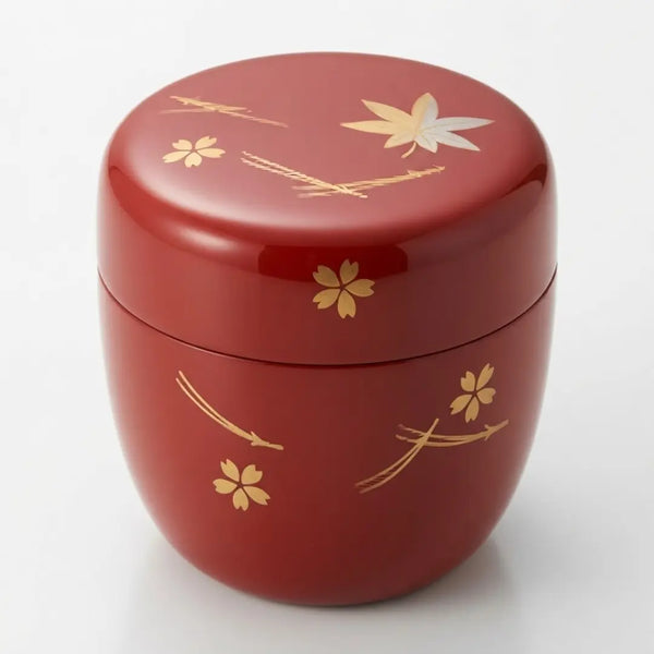 Natsume Lacquered Tea Caddy Canister Maple & Sakura Vermilion Red