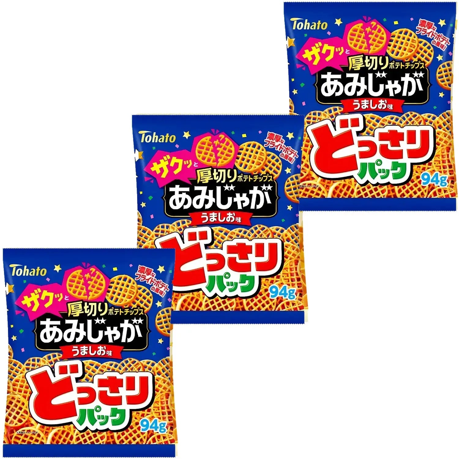 Tohato Amijaga Waffle Shaped Potato Chips Salty Beef Flavor 94g (Pack of 3)