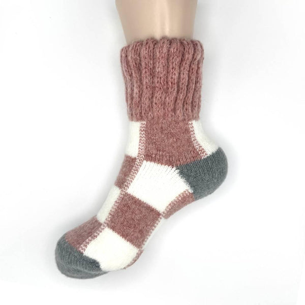 Winter Wool Thick Crew Socks Pink Checkered Warm Socks