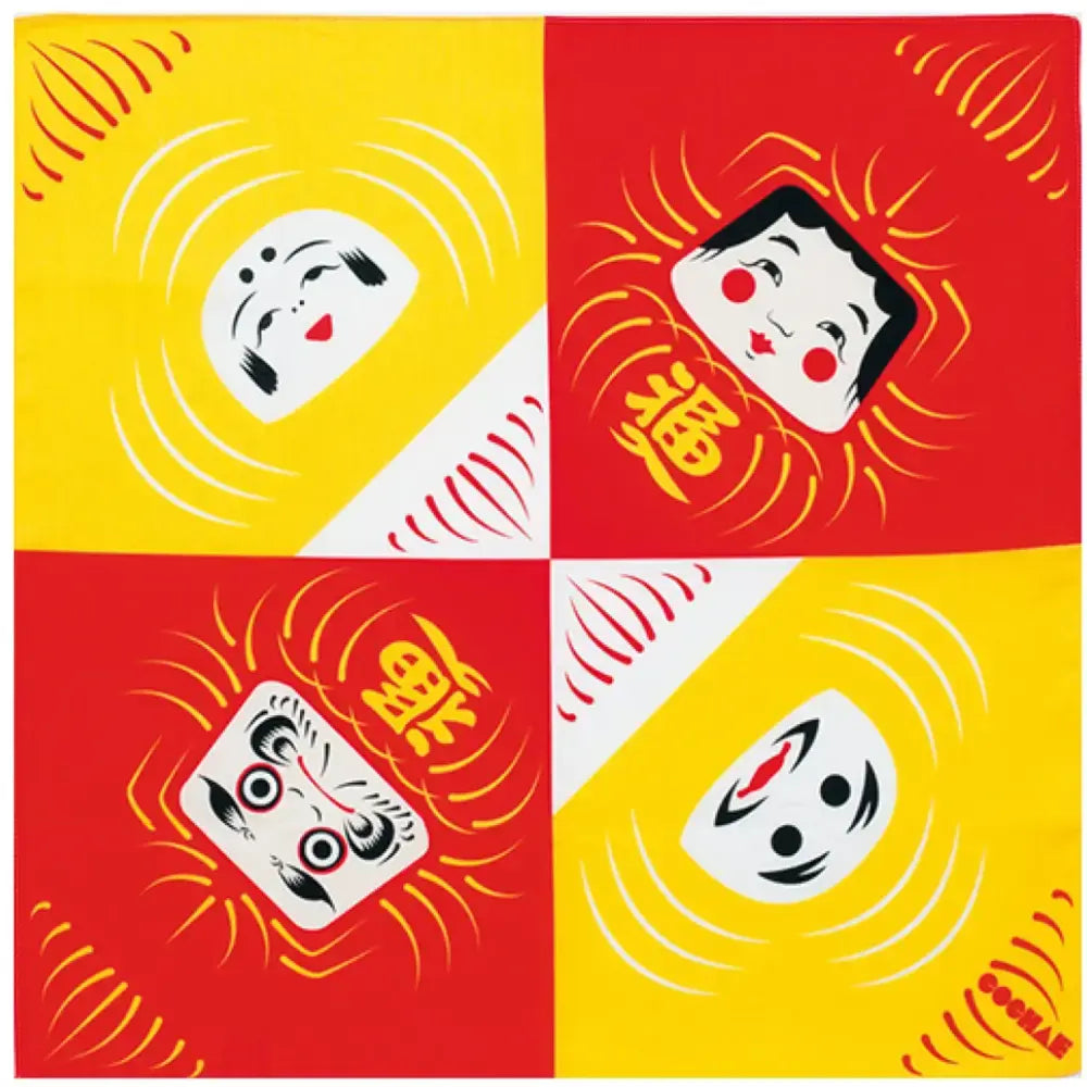 Furoshiki Four Daruma Dolls Red Yellow Cotton Wrapping Cloth 48cm