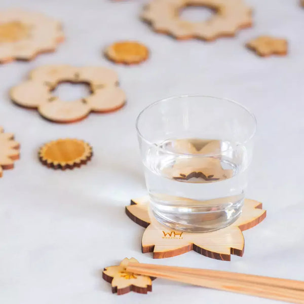 Hinoki Cypress Coaster Natural Wood Sunflower Design 90mm