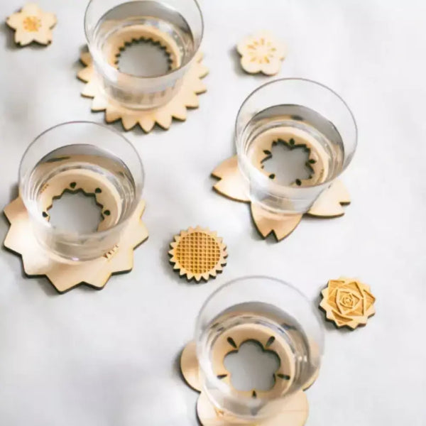 Hinoki Cypress Coaster Natural Wood Sunflower Design 90mm