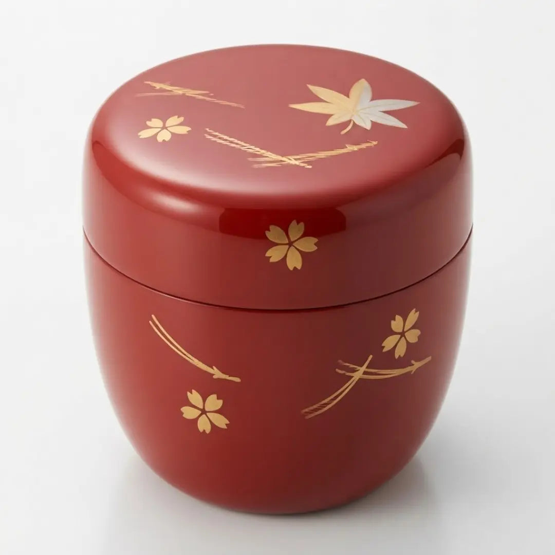 Natsume Lacquered Tea Caddy Canister Maple & Sakura Vermilion Red