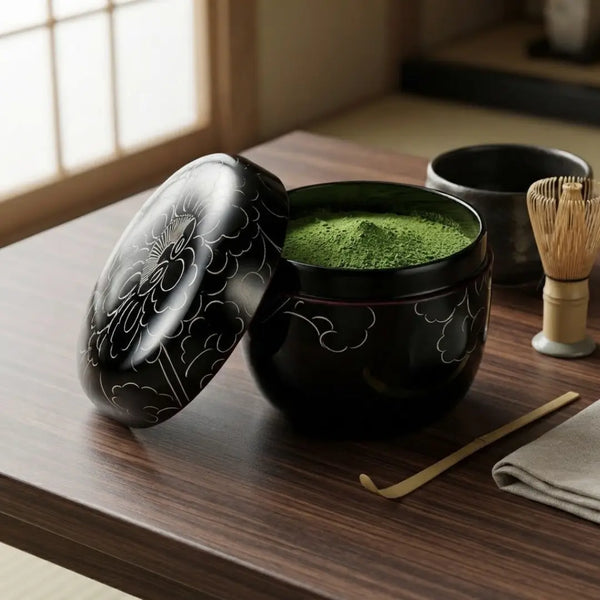 Natsume Lacquered Tea Caddy Canister Platinum Peony Design Black