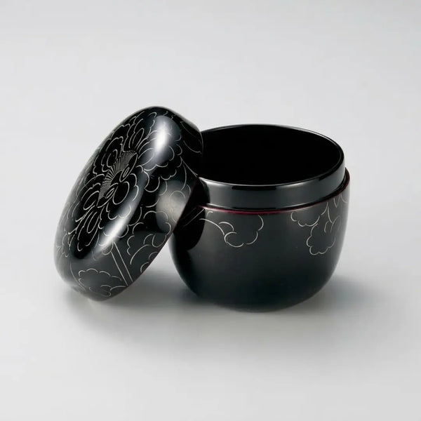 Natsume Lacquered Tea Caddy Canister Platinum Peony Design Black