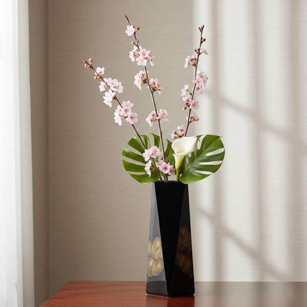 Unique Black Lacquered Wooden Flower Vase With Gold Pine Pattern